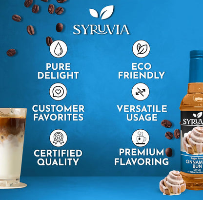 Syruvia Sugar Free Coffee Syrup, Cinnamon Bun Flavored Syrup for Drinks, Lattes, and Desserts – 25.4 fl oz