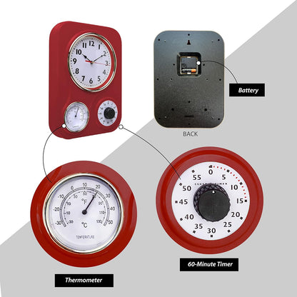 Lily's Home -9.5 Inch x 12.5 Inch -Retro Kitchen Wall Clock, Vintage Wall Clock with a Thermometer and 60-Minute Timer, Ideal for Any Kitchen, Office, or Diner (Retro Red)