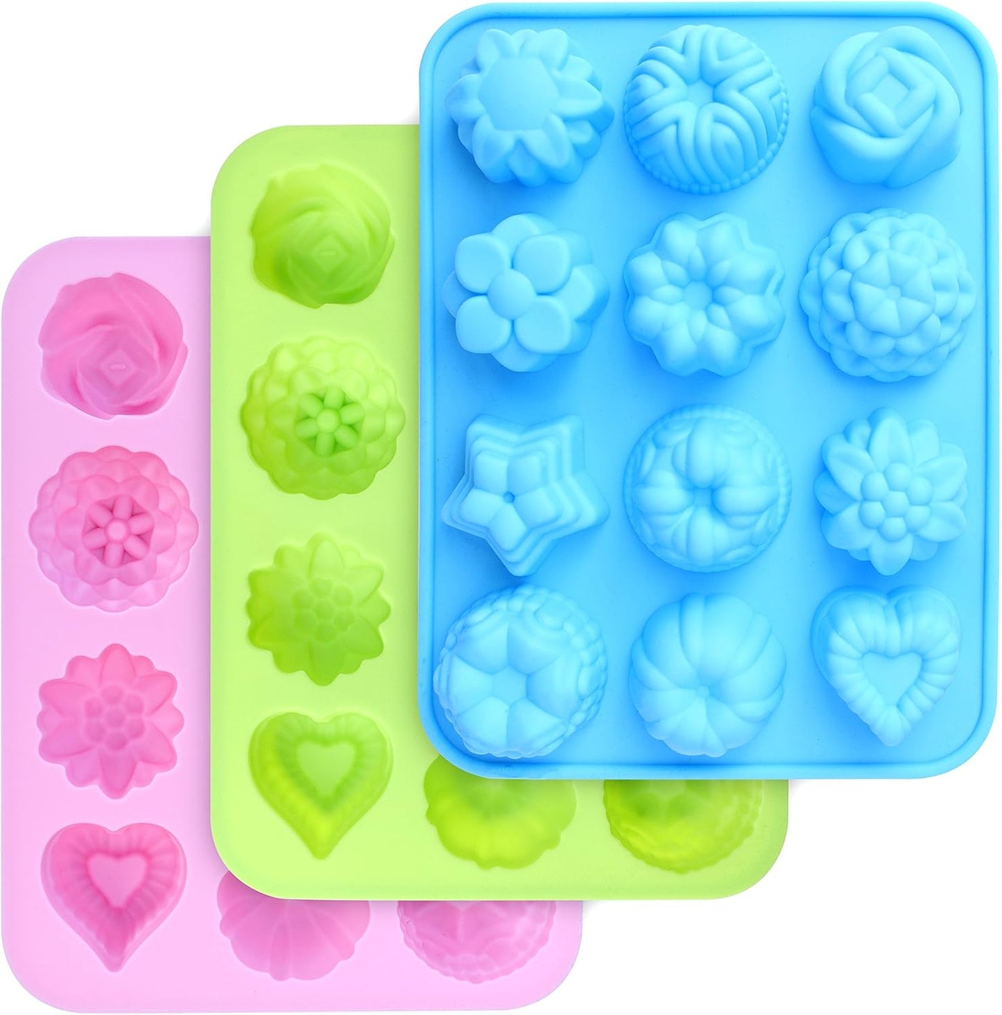 homEdge Food Grade Silicone Flowers Molds, Baking Pan with Flowers and Heart Shape Non-Stick 3-Pack Silicone Molds for Chocolate, Candy, Jelly, Ice Cube, Muffin (Pink, Blue and Green)