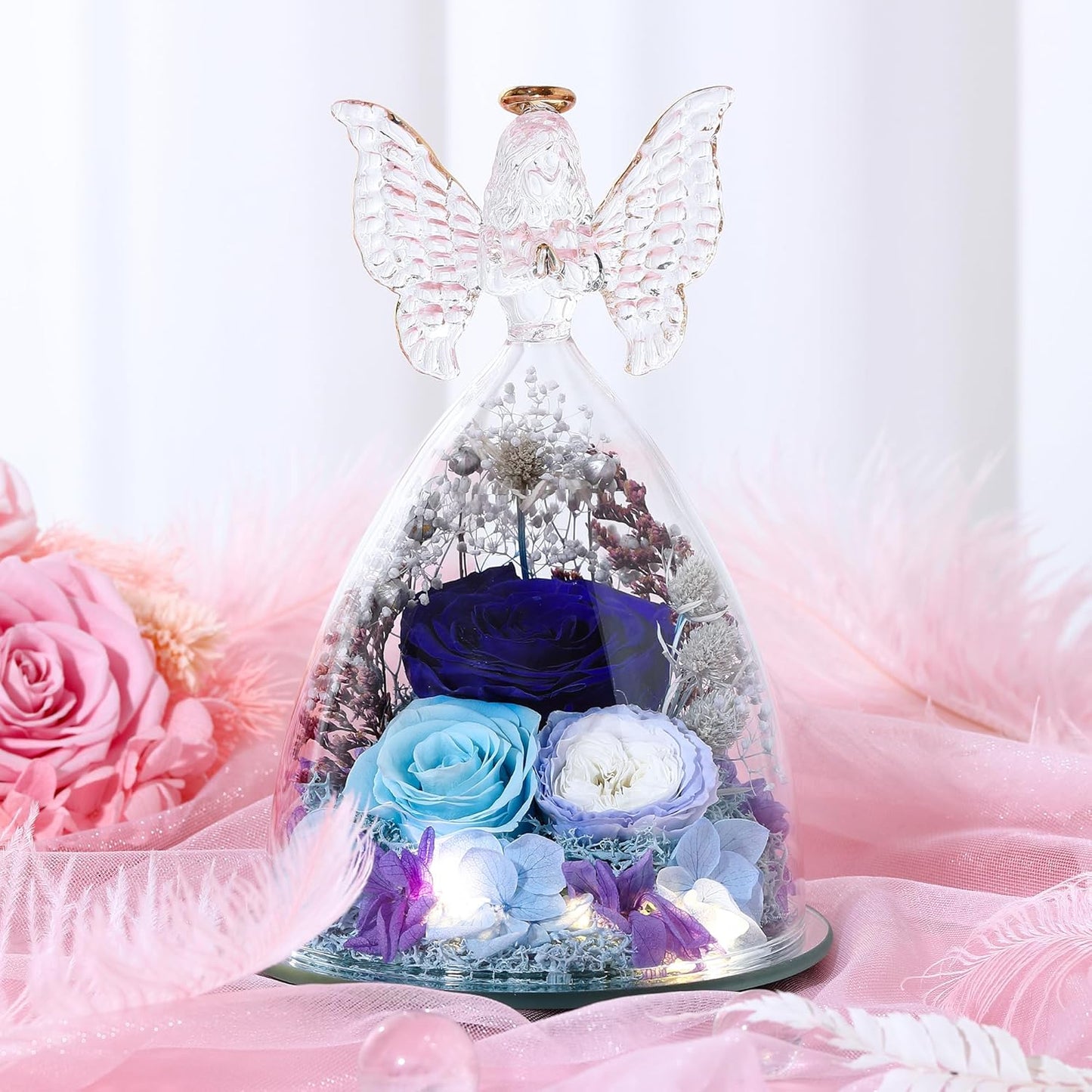 Christmas Rose Gifts for Women Preserved Real Flower in Glass Angel Figurines Roses for Delivery Prime Birthday Gifts for Mom Grandma Girlfriend Wife Her,Blue Austin Roses
