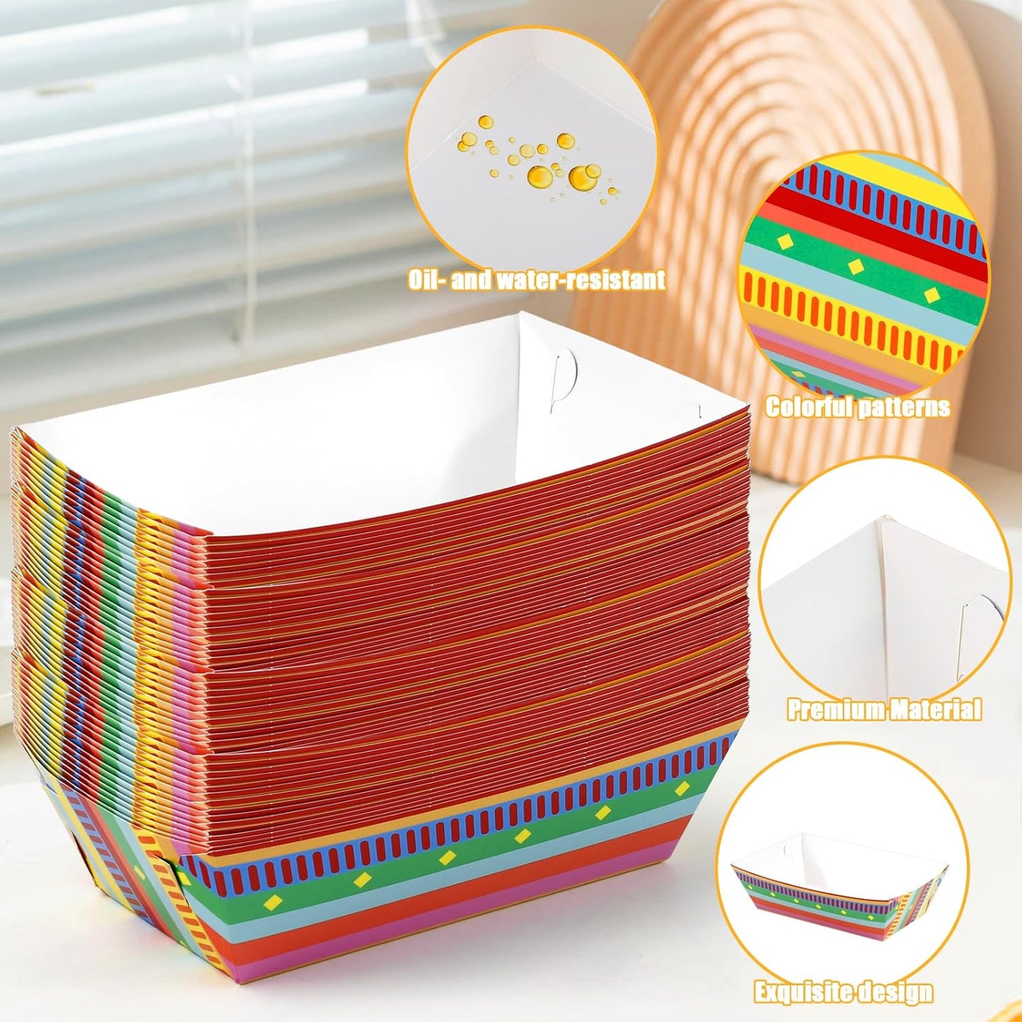 50 Pcs Paper Food Trays,Mexican Taco Nights Food Trays,Disposable Nacho Tray,Disposable Serving Boats,Assembled Tray Nacho Snack Holder for Cinco De Mayo Mexican Birthday Party Supplies