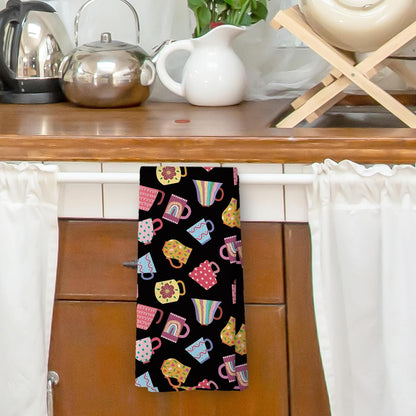 Trendy Teacups Kitchen Dish Towels Black, Coffee Cups Teapots Kitchen Decor, Aesthetic Garden Tea Lover Gifts for Women men, Tea Time Hand Towels Kitchen Bathroom Tea Towels Decorations, 16x24inch