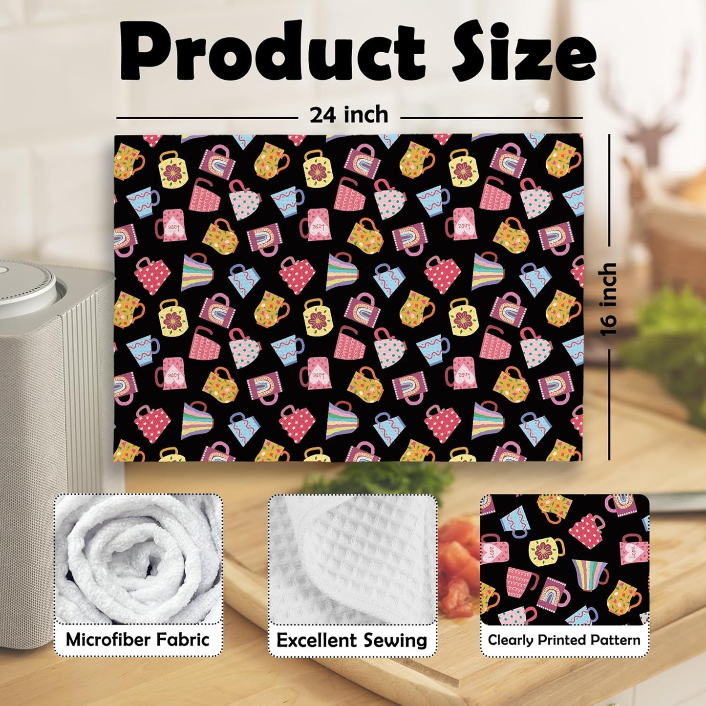 Trendy Teacups Kitchen Dish Towels Black, Coffee Cups Teapots Kitchen Decor, Aesthetic Garden Tea Lover Gifts for Women men, Tea Time Hand Towels Kitchen Bathroom Tea Towels Decorations, 16x24inch