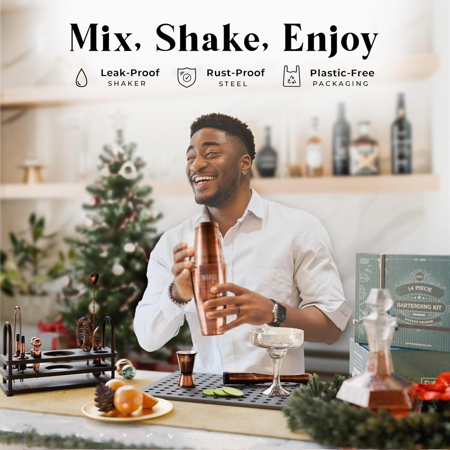 BARE BARREL® Mixology Bartender Kit Bar Set | 14-Piece Cocktail Shaker Set | Martini Barware Mixing Tools for Home Bartending | 35 Recipe Cards | Gift Set (28oz Boston Shaker, Copper/Black)