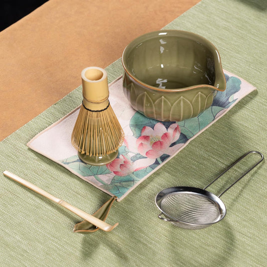 ZentButCool Matcha Set Includes Ceramic Matcha Bowl, Bamboo Whisk (Chasen), Scoop, Stainless Steel Matcha Sifter, And Whisk Holder (Nature)
