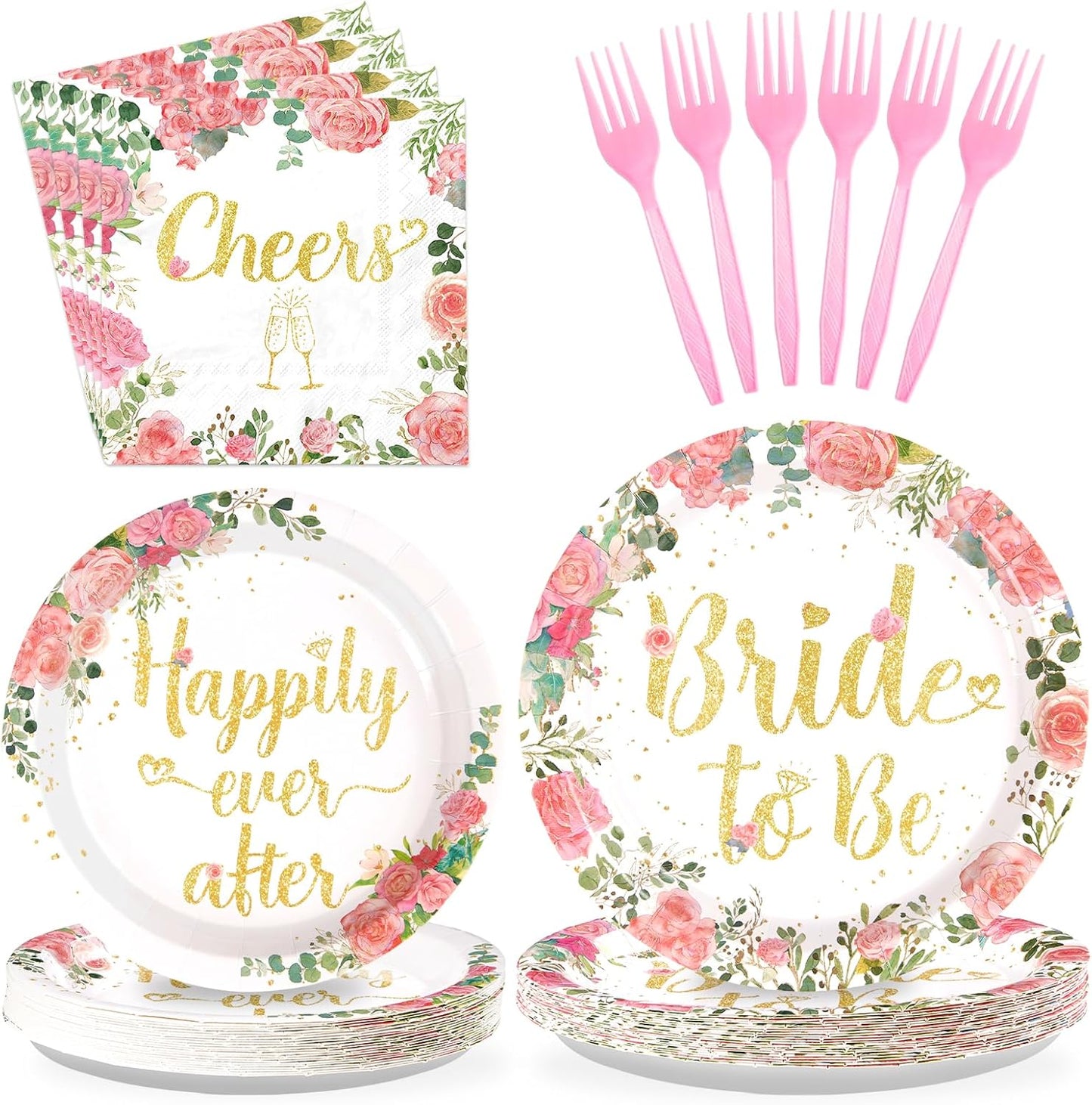Grencian 96 Pcs Bachelorette Party Decorations Rose Gold Bride Shower Plates and Napkins Bride to Be Tableware Pink Flower and Gold Bachelorette Party Supplies for Engagement Wedding Party Favors