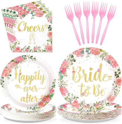 Grencian 96 Pcs Bachelorette Party Decorations Rose Gold Bride Shower Plates and Napkins Bride to Be Tableware Pink Flower and Gold Bachelorette Party Supplies for Engagement Wedding Party Favors