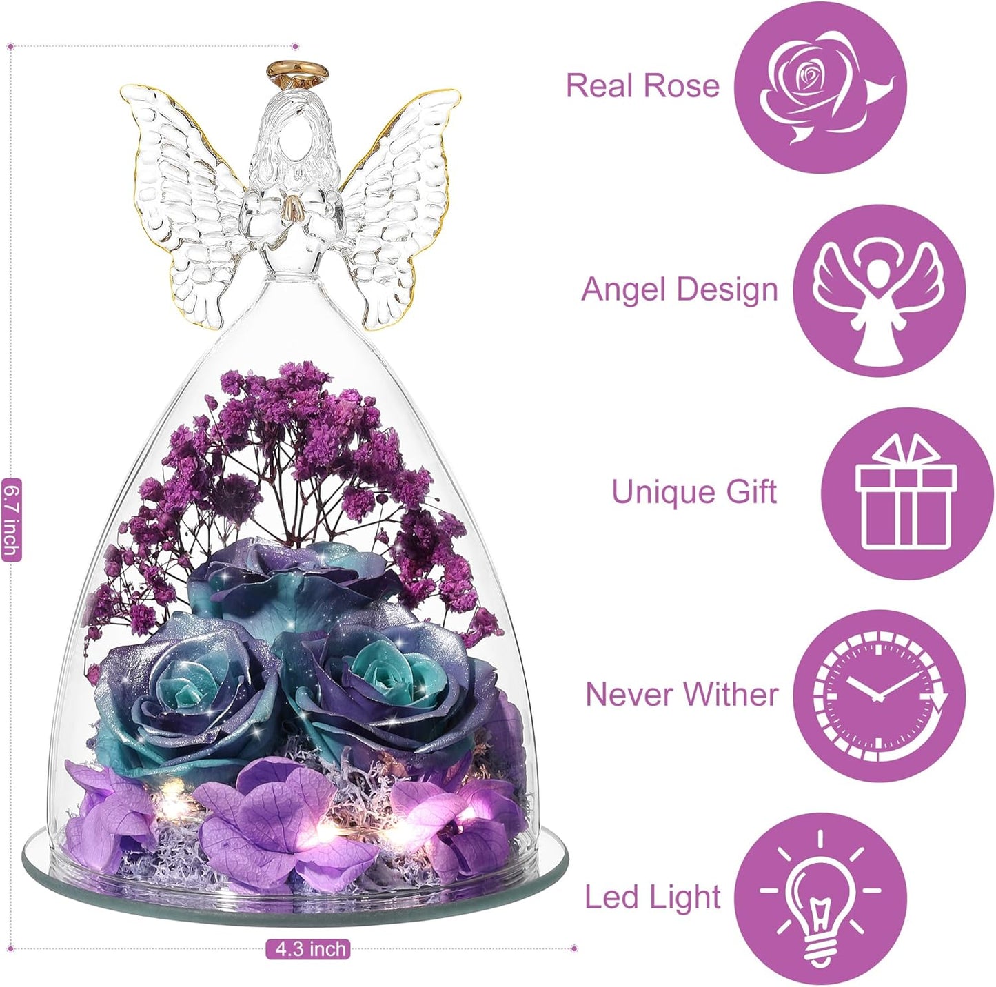 Christmas Rose Gifts for Women Preserved Real Flower in Glass Angel Figurines Roses for Delivery Prime Birthday Gifts for Mom Grandma Girlfriend Wife Her, GlitterBluePurple