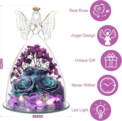 Christmas Rose Gifts for Women Preserved Real Flower in Glass Angel Figurines Roses for Delivery Prime Birthday Gifts for Mom Grandma Girlfriend Wife Her, GlitterBluePurple
