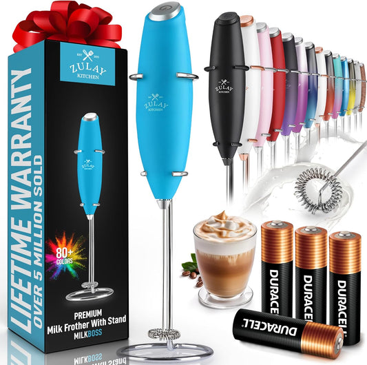 Zulay Powerful Milk Frother Handheld Foam Maker for Lattes - Whisk Drink Mixer for Coffee, Mini Foamer for Cappuccino, Frappe, Matcha, Hot Chocolate by Milk Boss (Teal)