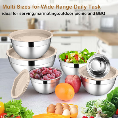 LIANYU 6 Piece Mixing Bowls with Lids Set, Size 7 & 3.5 & 2.5 & 2 & 1.5 & 1QT, Stainless Steel Cooking Serving Bowls, Metal Kitchen Nesting Bowl for Prepping & Food Storage, Dishwasher Safe, Khaki