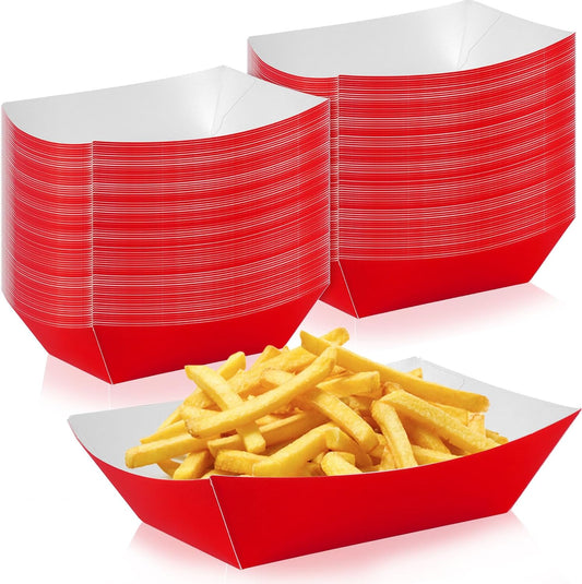 100 Pcs Red Paper Food Tray Sturdy Disposable Food Boats Nacho Plates Disposable Serving Snack Trays for Catering, Party Birthday Supplies, and Food Service (Red)
