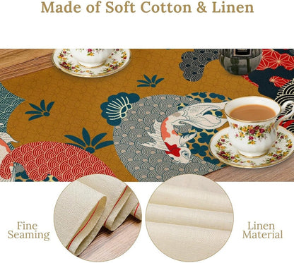 Japanese Koi Table Runner, Luxury Asian Style Oriental Line Art Abstract Geometry Cherry Blossoms Wave Traditional Elements Table Runner for Kitchen Home Party Dinner Set, 13x36 Inch