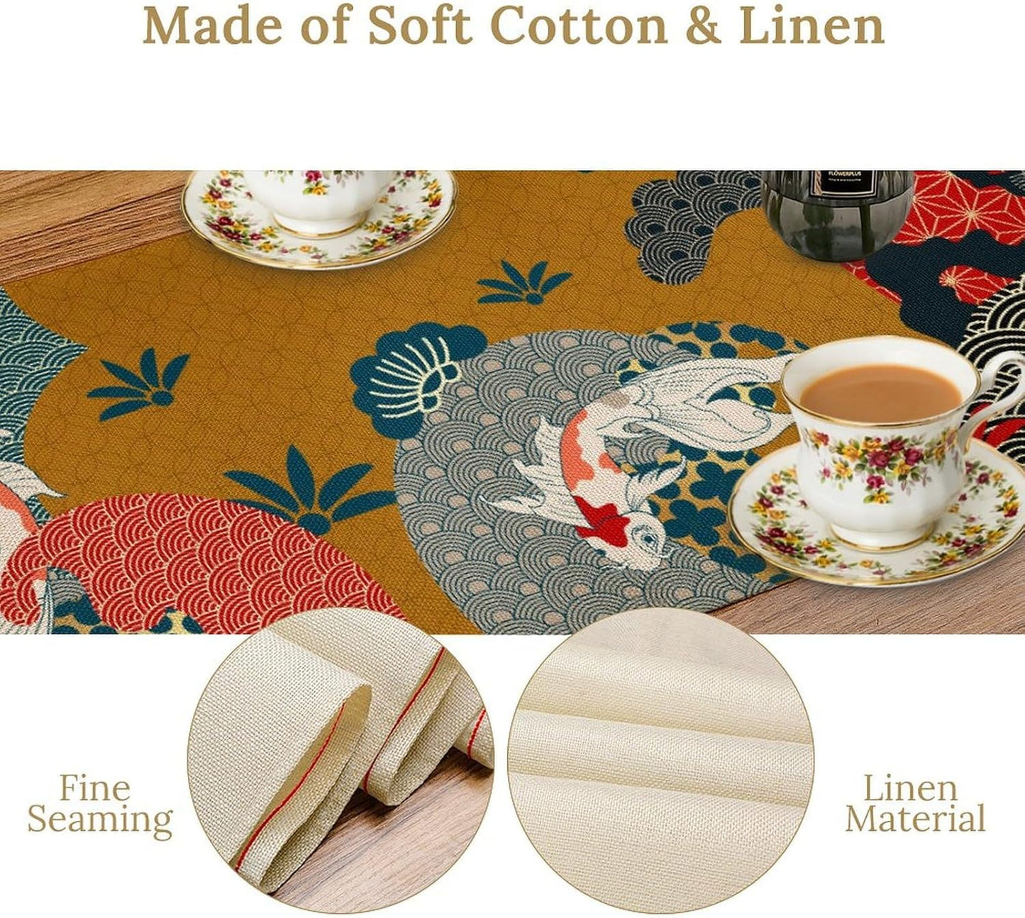 Japanese Koi Table Runner, Luxury Asian Style Oriental Line Art Abstract Geometry Cherry Blossoms Wave Traditional Elements Table Runner for Kitchen Home Party Dinner Set, 13x120 Inch