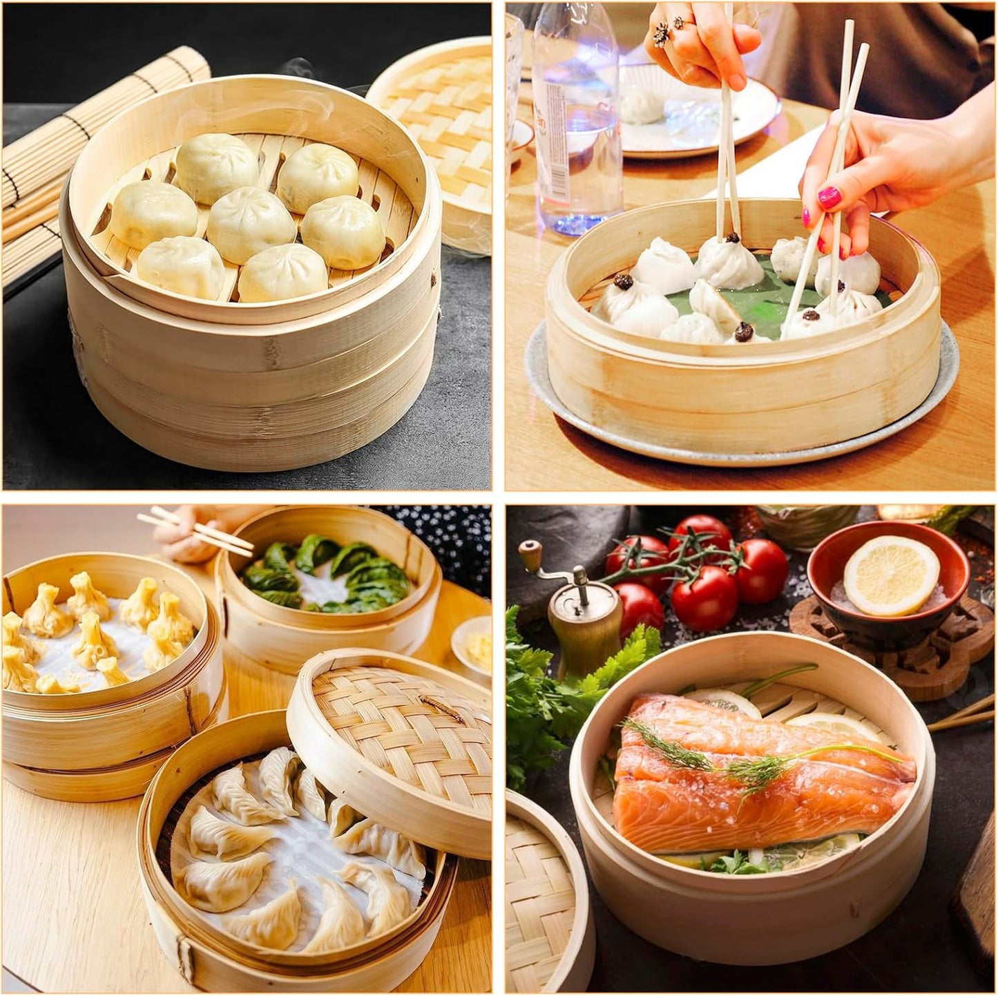 Bamboo Steamer Basket, 1/2 Layers Handmade Bamboo Dumpling Steamer, 10 Inch Lightweight Food Steamer Baskets Eco-Friendly Bamboo Steamer for Steaming Dumplings Vegetables Fish Rice