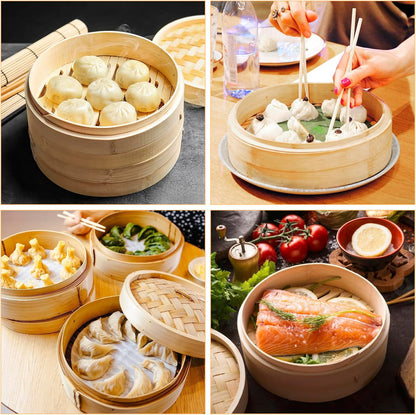 Bamboo Steamer Basket, 1/2 Layers Handmade Bamboo Dumpling Steamer, 10 Inch Lightweight Food Steamer Baskets Eco-Friendly Bamboo Steamer for Steaming Dumplings Vegetables Fish Rice