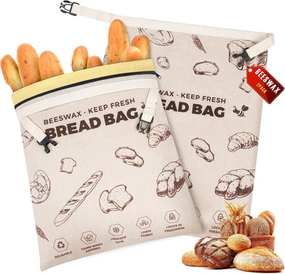 YARRAMATE Beeswax Bread Bags for Homemade Sourdough, Zipper Reusable Linen Food Storage Bags to Keep Loaf Fresh, Large Freezer Safe and Eco Friendly Bread Containers (17x13", 2 Pack)