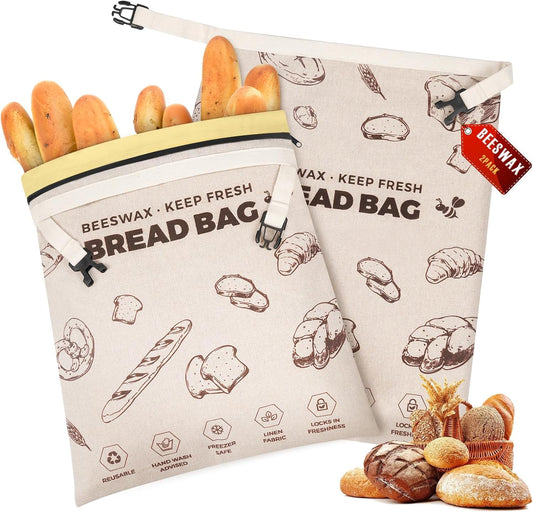 YARRAMATE Beeswax Bread Bags for Homemade Sourdough, Zipper Reusable Linen Food Storage Bags to Keep Loaf Fresh, Large Freezer Safe and Eco Friendly Bread Containers (17x13", 2 Pack)