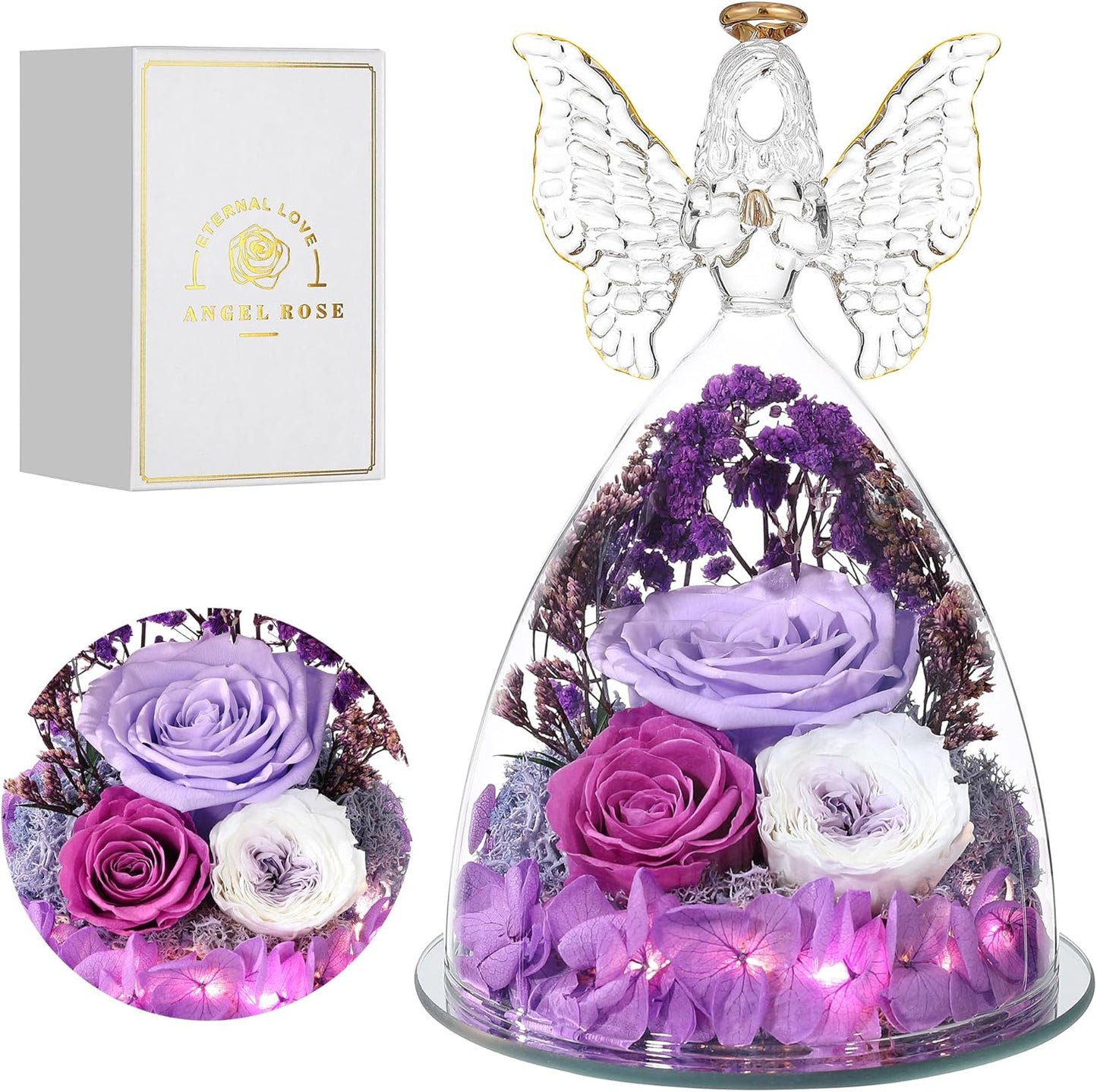 Christmas Rose Gifts for Women Preserved Real Flower in Glass Angel Figurines Roses for Delivery Prime Birthday Gifts for Mom Grandma Girlfriend Wife Her, Light Purple Austin Roses
