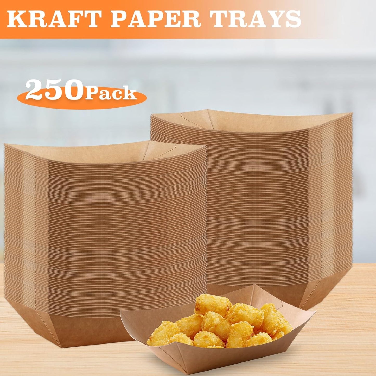 3lb Paper Food Trays, 250 Pcs Disposable Paper Food Boats, Disposable Nacho Trays, Kraft Serving Boats, Party Serving Tray for Nachos, Snacks, Chips, Hot Dogs, Popcorn, Party, Picnic, Wedding