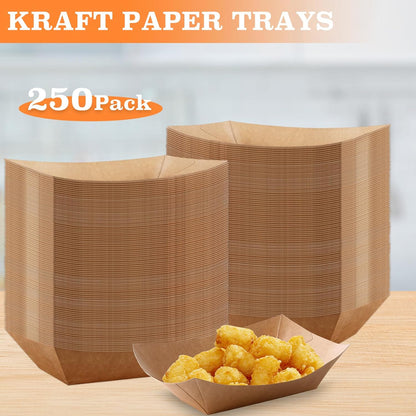 3lb Paper Food Trays, 250 Pcs Disposable Paper Food Boats, Disposable Nacho Trays, Kraft Serving Boats, Party Serving Tray for Nachos, Snacks, Chips, Hot Dogs, Popcorn, Party, Picnic, Wedding