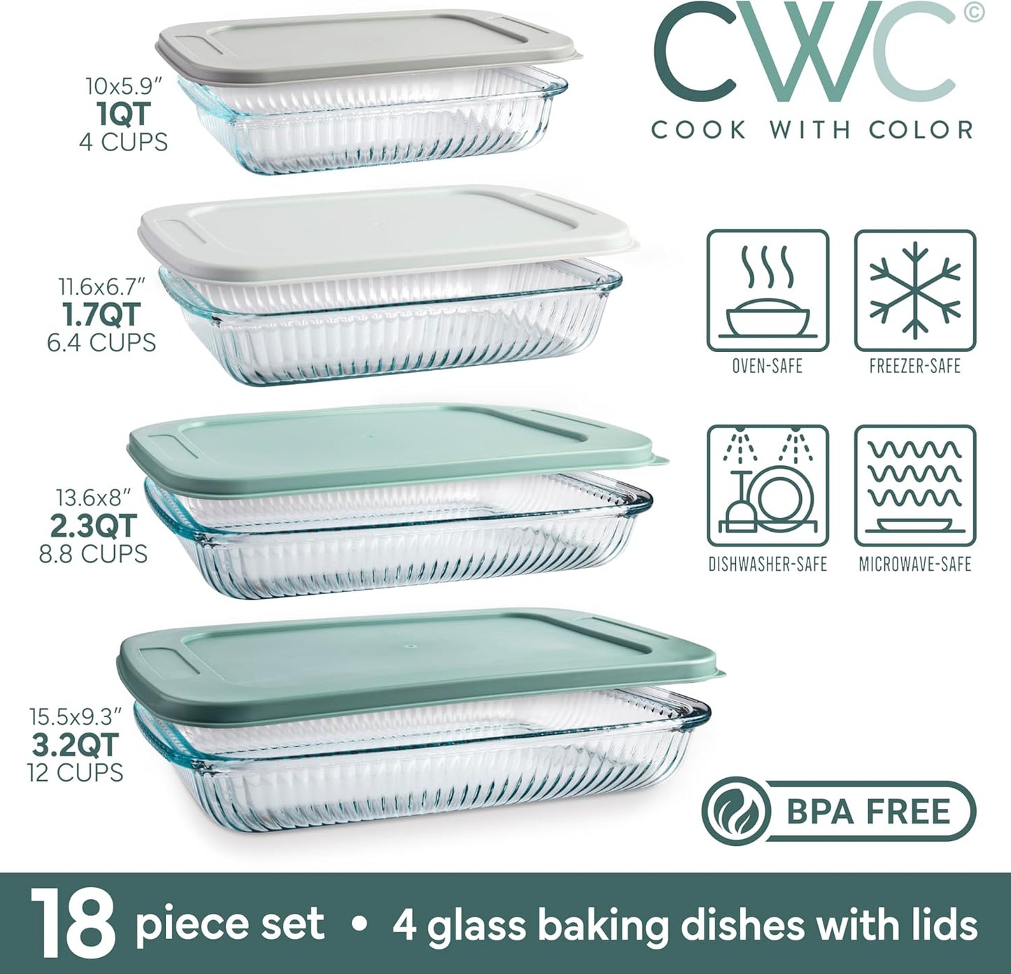 COOK WITH COLOR 8-Piece Deep Glass Baking Dish Set with Plastic Lids – Casserole and Food Storage Containers for Lasagna, Leftovers – Freezer-to-Oven, Microwave & Dishwasher Safe, Fluted Sage