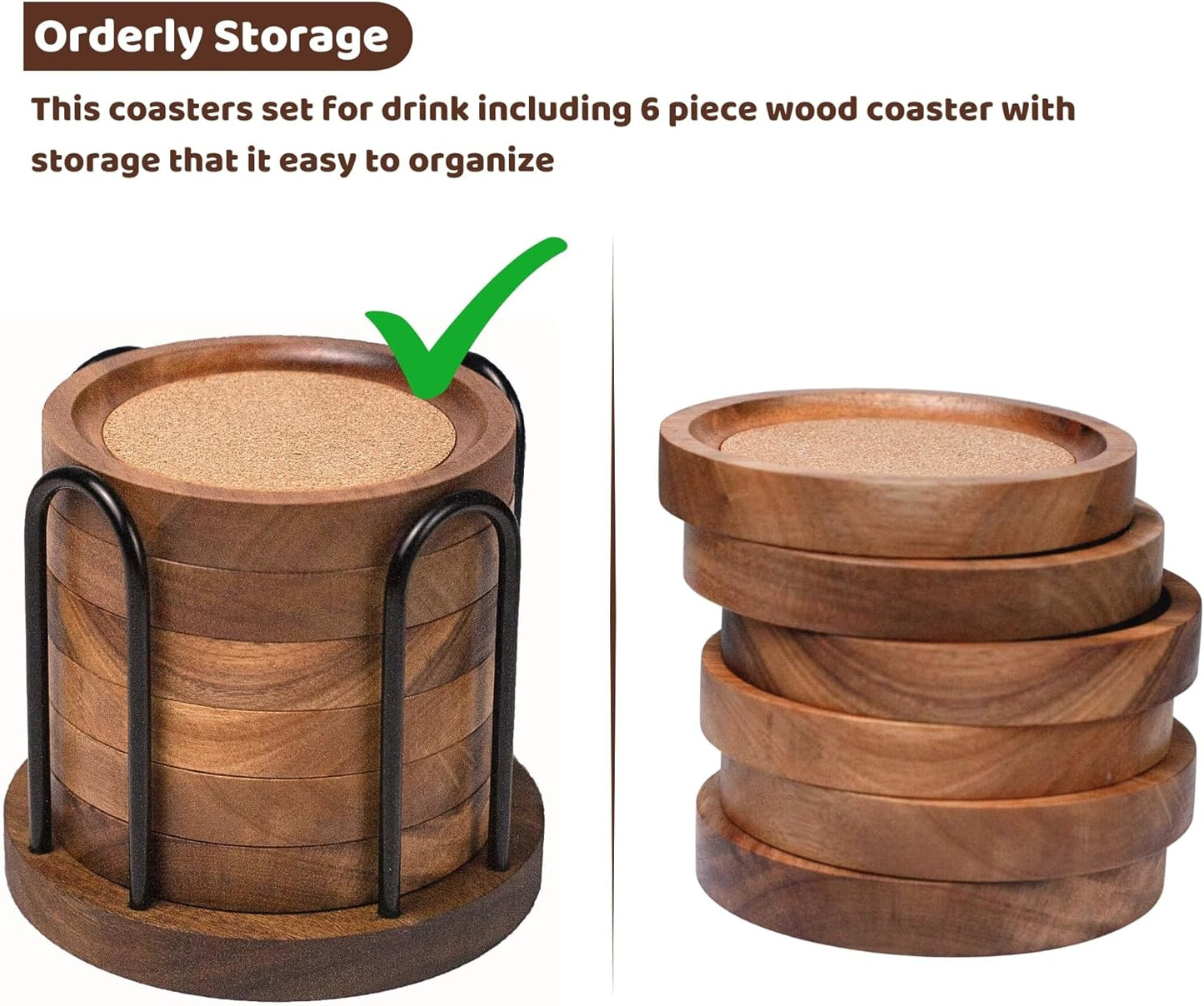 Wooden Coasters for Drinks with Metal Holder, Wooden Coaster with Cork for Tabletop Protection, Drink Coasters for Coffee Table, Desk, 4.33 Inch, Set of 6