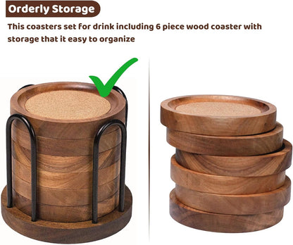 Wooden Coasters for Drinks with Metal Holder, Wooden Coaster with Cork for Tabletop Protection, Drink Coasters for Coffee Table, Desk, 4.33 Inch, Set of 6