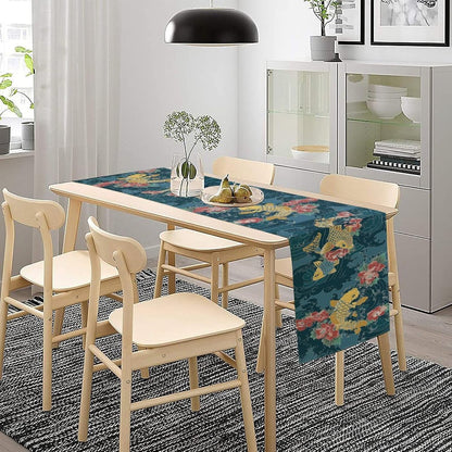 Asian Jio Fish Table Runner, Chinese Style Floral Oriental Table Runner for Holiday Party Kitchen Study Living Room Home Bedroom Blue Wave 13x36 Inch