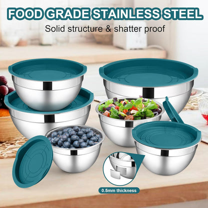 LIANYU 6 Piece Stainless Steel Mixing Bowls, Large 7, 3.5, 2.5, 2, 1.5, 1 QT Metal Bowls Set, Kitchen Nesting Bowls for Salad Cooking Prepping Food Storage, Dishwasher & Freezer Safe, Blue
