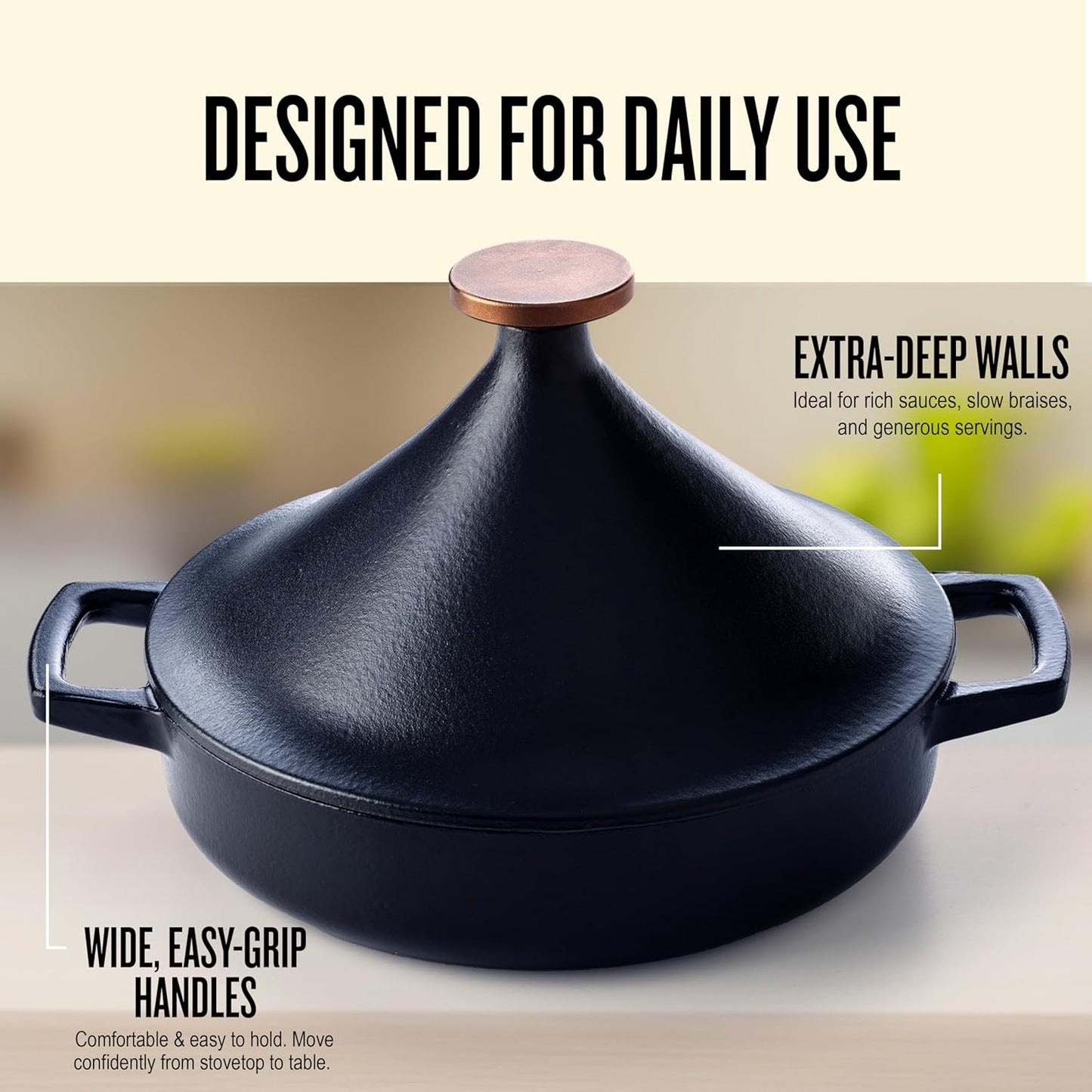 Alva Nori 3-Qt Enameled Cast Iron Tagine – Made With No PTFE, PFOA, PFAS, Oven & Induction Safe – 3-Layer Enamel, No Seasoning Needed – Moroccan-Style Dutch Oven for Braising, Stewing & Roasting, Black