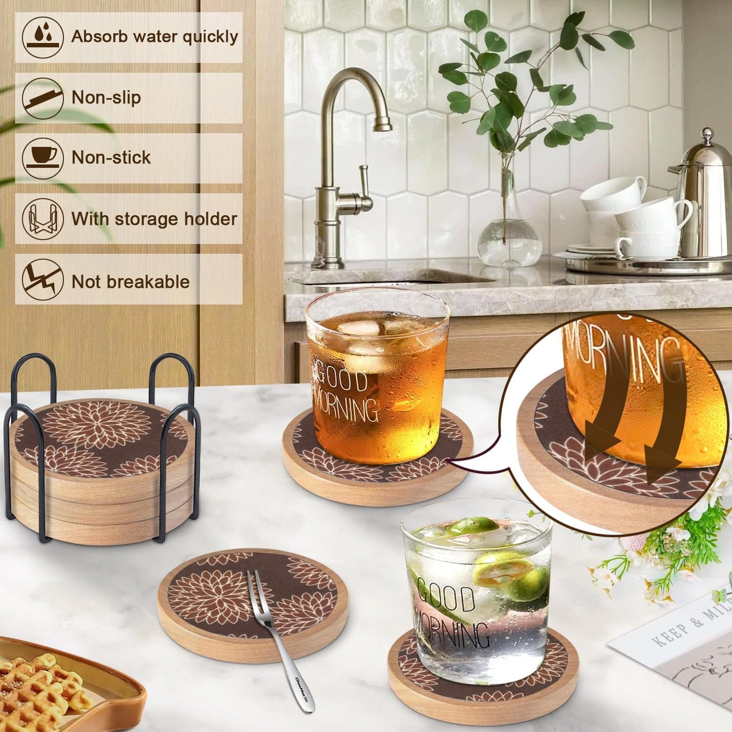 Wood Coasters Set of 6 with Holder, Cewiru Cup Mat for Drinks, Absorbent Coasters with Felt Insert for Coffee Table Protection, Modern Style Home Dining Table Decor, 4.3" Brown