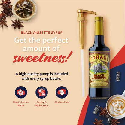 Torani Black Anisette Syrup, 100th Anniversary Flavor for Drinks, Glass Bottle with Pump Included, 25.4 Fl Oz