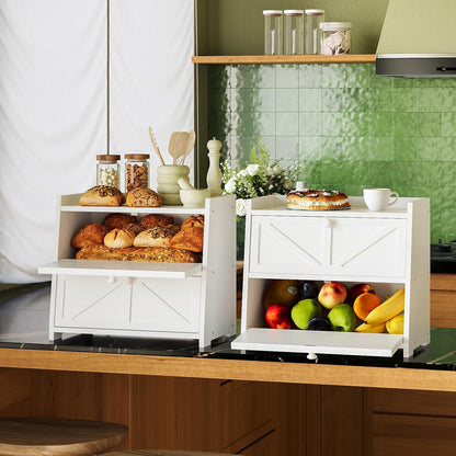 Vintage Double Layer Bread Box for Kitchen Counter Bamboo Bread Storage Container Large Capacity Bread Storage Bin (White)