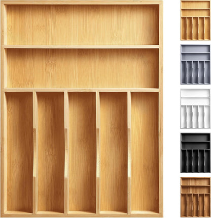 Kitchen Bamboo Silverware Organizer, Kitchen Drawer Organizer - Utensil Holder and Cutlery Tray with Grooved Drawer Dividers for Flatware 7 Slot, Natural