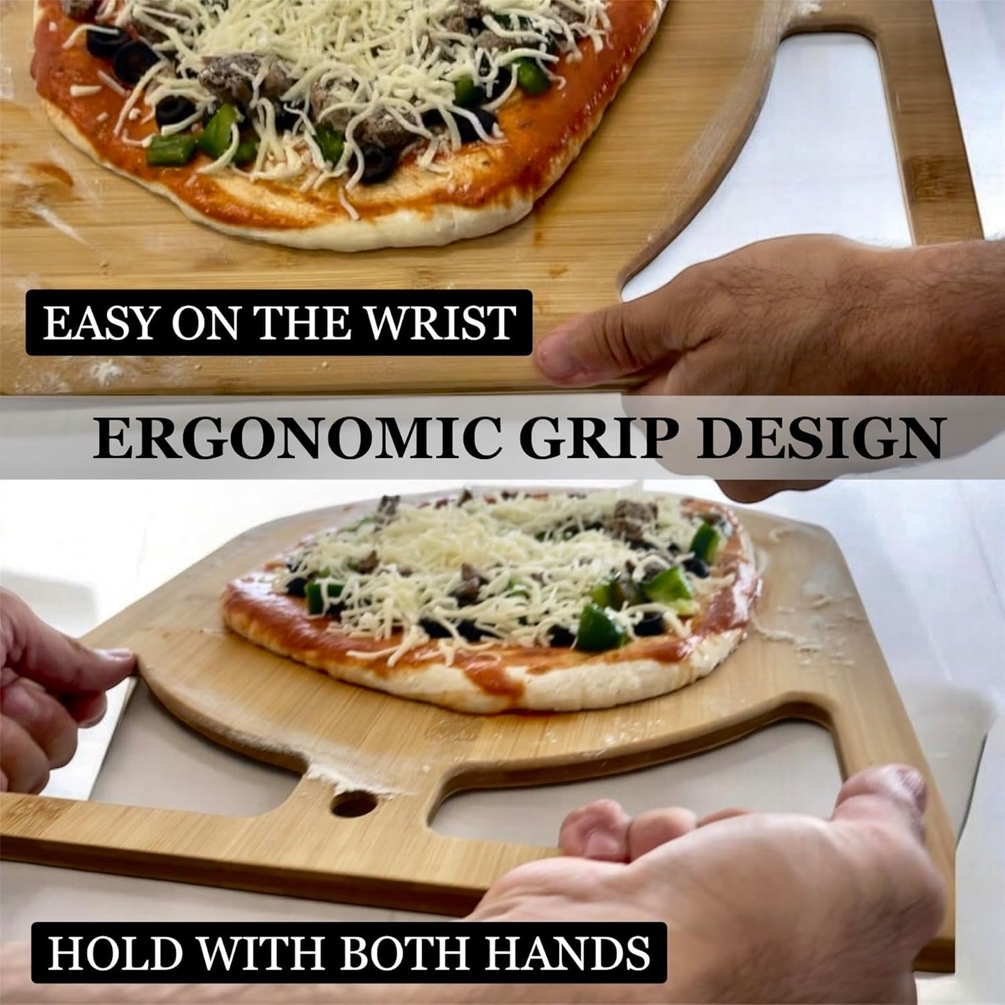 2-in-1 Wooden Pizza Peel & Bamboo Cutting Board | Dual Grip Pizza Paddle Board for Baking, Pizza Spatula & Large Cutting Board for Pizza | Pizza Turning Peel for Baking Accessories, 17" X 13.5"'