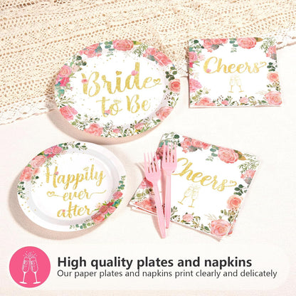Grencian 96 Pcs Bachelorette Party Decorations Rose Gold Bride Shower Plates and Napkins Bride to Be Tableware Pink Flower and Gold Bachelorette Party Supplies for Engagement Wedding Party Favors