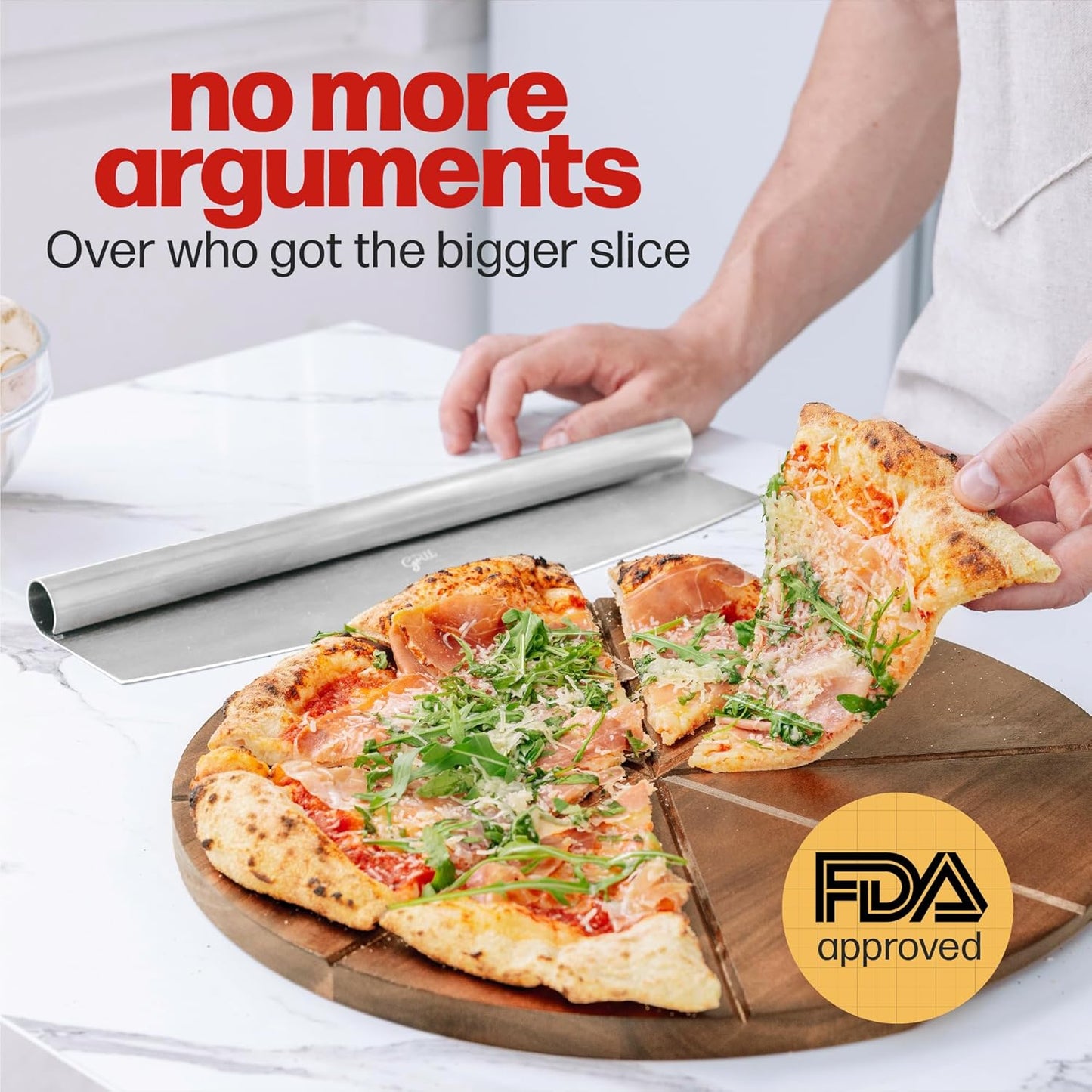 Hans Grill Pizza Cutting Board and Pizza Cutter Rocker Blade Gift Set Professional Stainless Steel Food Slicer with 13.5" Acacia Wooden Board Perfect for Slicing and Serving Pizza, Pies and Cheese