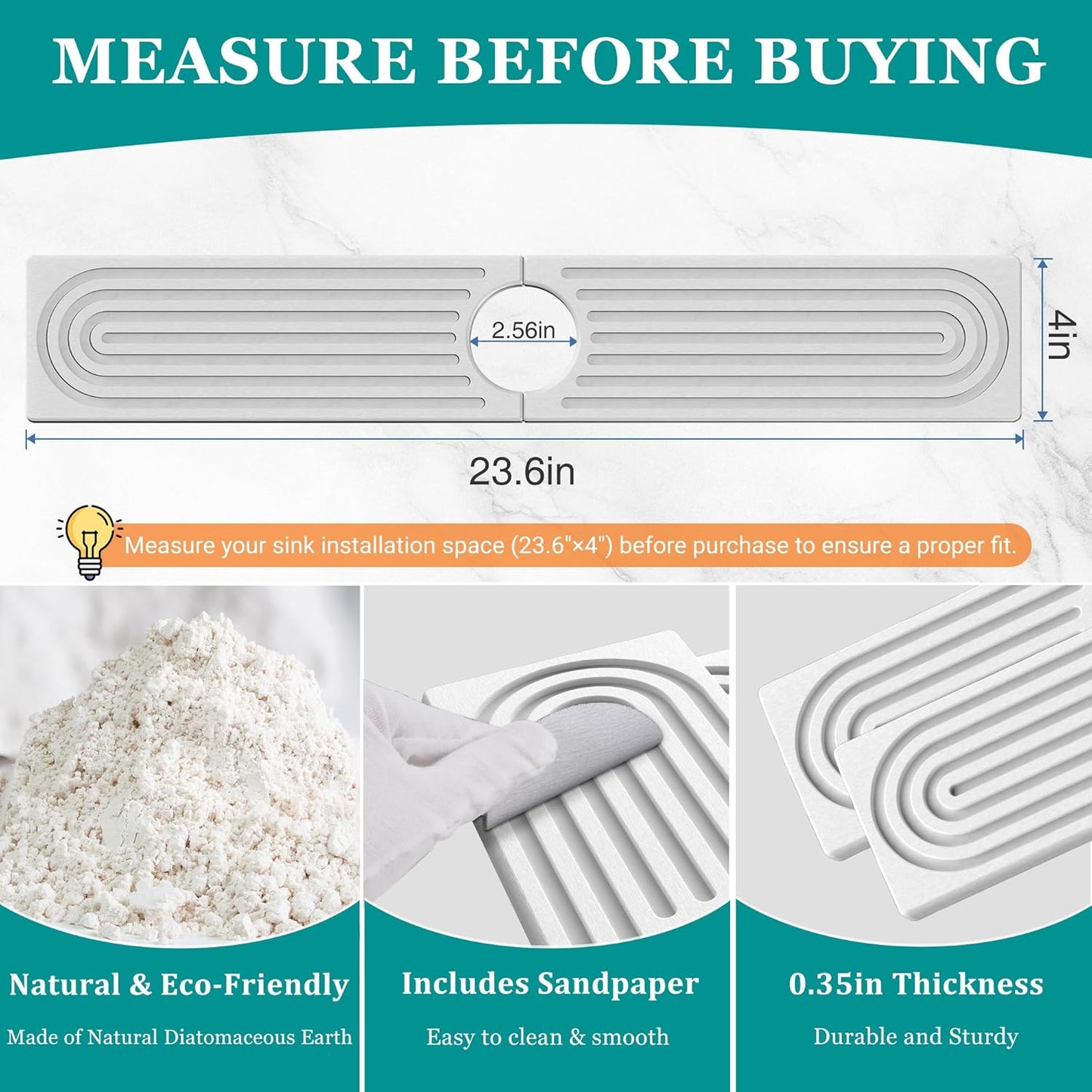 Stone Faucet Mat for Kitchen Sink - Quick Dry Diatomite Sink Splash Guard, Prevents Moisture Buildup & Water Stains, Water Absorbing Stone Tray for Bathroom Countertop (White, 23.6" x 4")