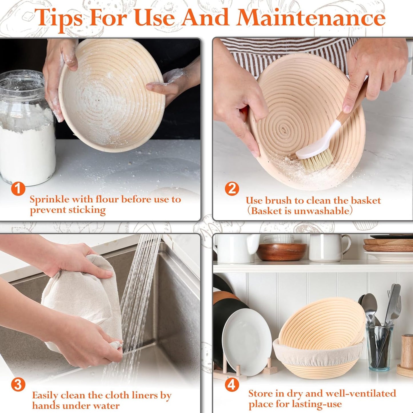 P&P CHEF Bread Proofing Baskets for Sourdough, 9 Inch Proofing Basket Set of 2, Dough Making Baskets, Ideal for Professionals and Beginner Baker, Handmade Rattan Basket with Cloth Liner, Round