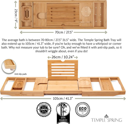 Temple Spring Wooden Bathtub Tray, Bamboo Bathroom Accessories, Bath Tray for Tub, at Home Spa Essentials, Board for Tub Table, Bath Caddy for Bathtub Accessories & Bathroom Essentials – Natural