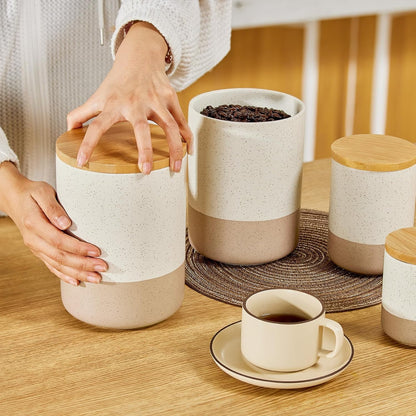 Yangbaga Canister Sets for Kitchen Counter, 80 OZ Large Ceramic Food Storage Jars with Airtight Wood Lids, Large Kitchen Canisters for Coffee, Sugar, Tea, Flour, Spice