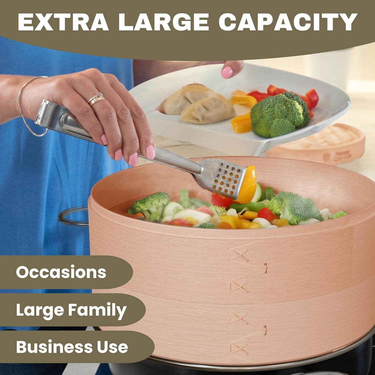 2 Tier Bamboo Steamer- 12" Baskets With Handle, Silicone Liner, Adapter, Molder Press For Cooking Vegetables Dumpling Press & Dough Cutter for Steaming Chinese Asian Food & Bao Bun, Dim Sum Potsticker