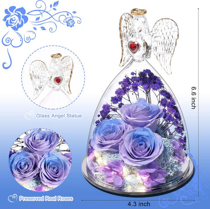 Mothers Day Rose Gifts for Women, Large Angel Figurines with Real Roses, Preserved Real Flower Rose for Her - Purple Blue