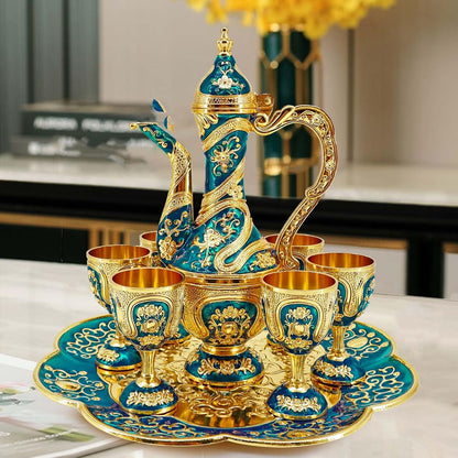 Vintage Turkish Coffee Pot and Cups Set,Tea Service Set Including Teapot,Tea Tray and Metal Cups for Wine Cabinet Decor,Wedding Ornaments (Gold and Blue)