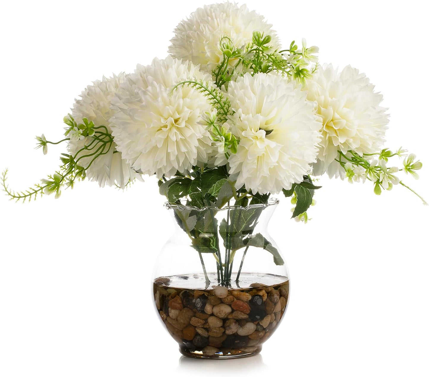 ENOVA FLORAL 7 Heads Silk Marigold Artificial Flowers in Vase,Faux Marigold Flowers Arrangement in Round Bowl Vase with Faux Water and River Rock for Table Decor Centerpieces (Marigold-Cream)