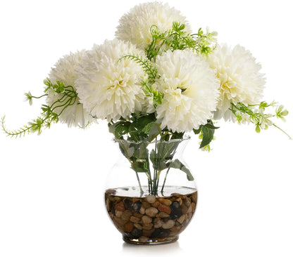 ENOVA FLORAL 7 Heads Silk Marigold Artificial Flowers in Vase,Faux Marigold Flowers Arrangement in Round Bowl Vase with Faux Water and River Rock for Table Decor Centerpieces (Marigold-Cream)