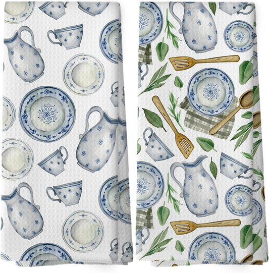 Vintage Teacups Kitchen Dish Towels, Coffee Cups Teapots Kitchen Decor, French Garden Tea Lover Gifts for Women, Tea Time Hand Towels Kitchen Bathroom Tea Towels Decorations, 16x24inch Set of 2
