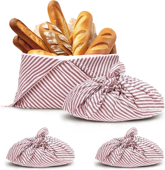 yeload 2 Pack Beeswax Bread Bags, Striped Linen Bento Bags, 14" Cotton Loaf Bag, Reusable Organic Food Storage, Sourdough Bag, Rustic Farmhouse Azuma Bukuro Origami Wrap for Baked Gifts (Red, 2)