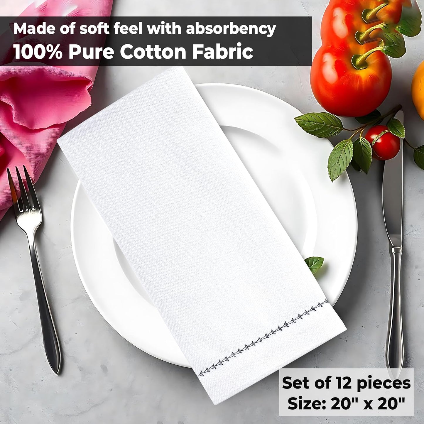 Urban Villa Cloth Napkin Set of 12 Hemstitch White Black 20x20 Inches Premium Soft Cotton Highly Absorbent Reusable & Washable Dinner Table Napkins for Home and Weddings